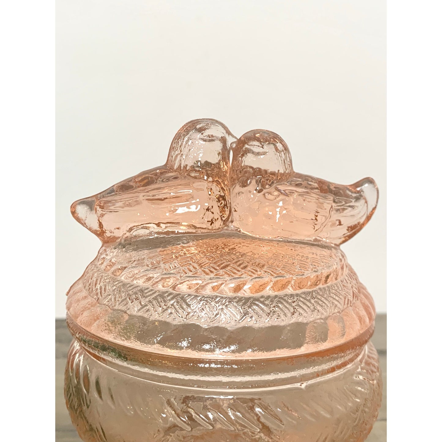 Vintage Pink Depression Glass Lovebirds Covered Candy Dish Romantic Glass Vanity Jar Trinket Box