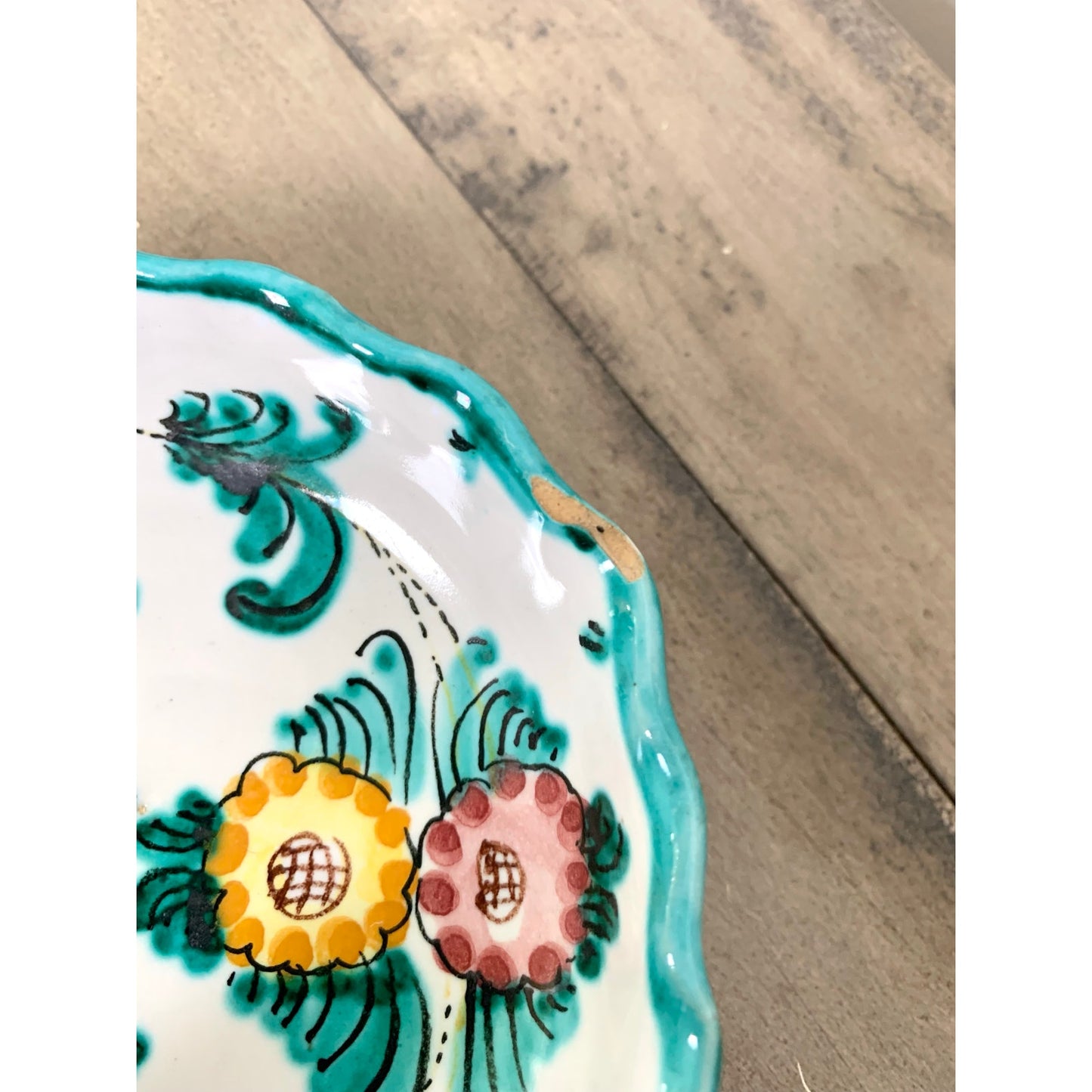 Vintage Hand Painted Italian Pottery Ceramic Serving Dish w Handle Signed Italy