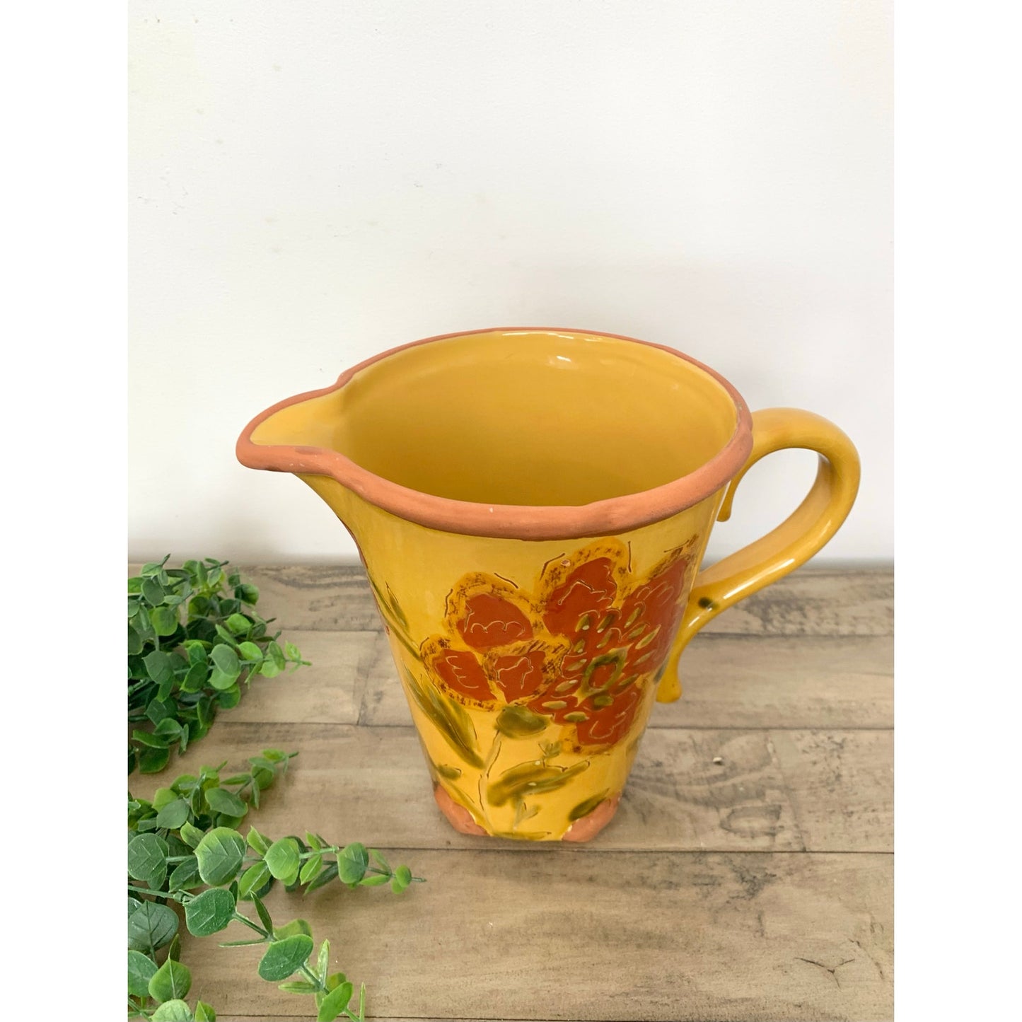 Vintage Tapestry by Nanette Vacher Floral Pitcher Pottery Vase Hand Painted Terracotta