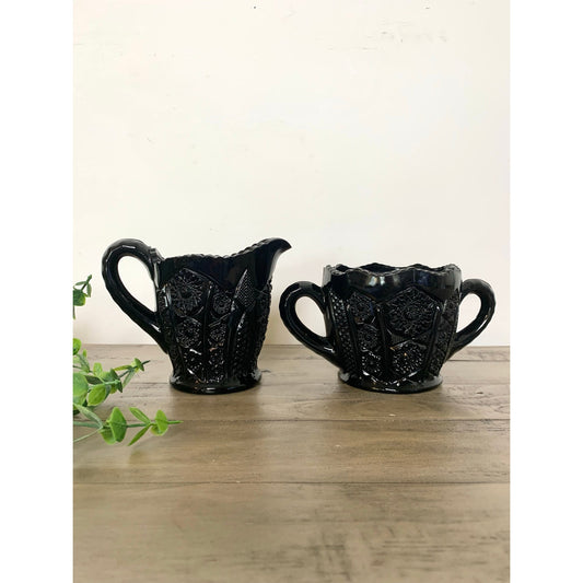 Vintage Tiara Indiana Glass Black Daisy Monarch Creamer and Sugar Set – Pressed Glass Mid Century Barware
