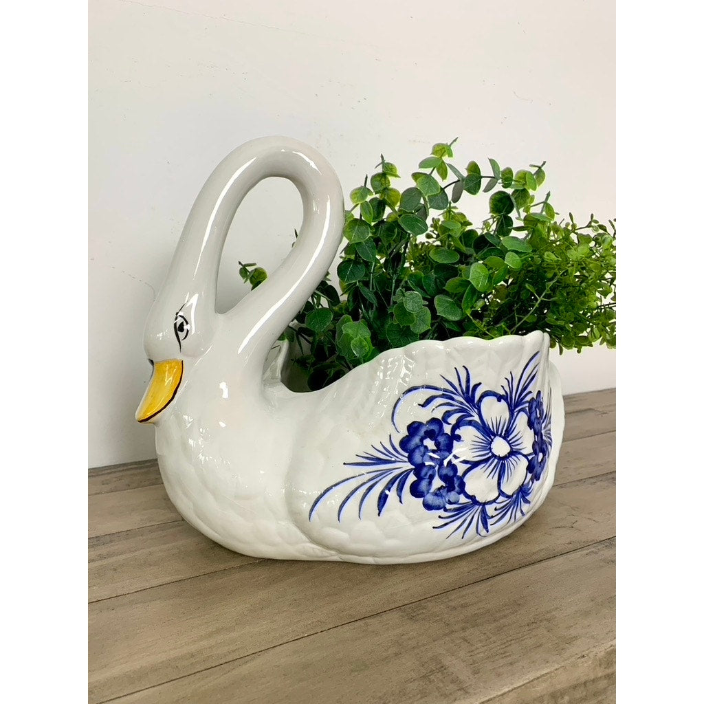 Vintage Portuguese Hand-Painted Ceramic Large Swan Planter Blue & White Cottage