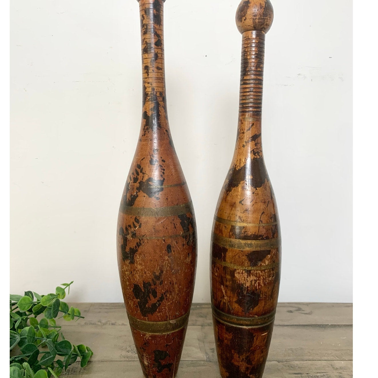 Antique Wooden Indian Clubs Rustic Decorative Skittles Pair Pins Old Money Aged