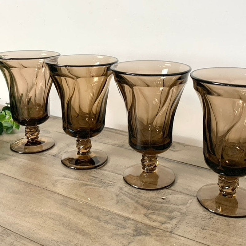 Vintage Fostoria Jamestown Brown Smokey Swirl Goblets Glasses Set of 4 Mid Century