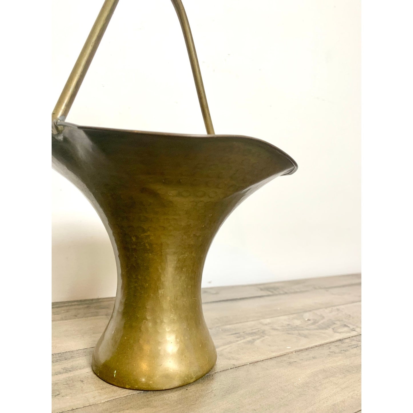 Vintage Hammered Brass Basket Vase Planter Mid Century Patina Brass Vessel