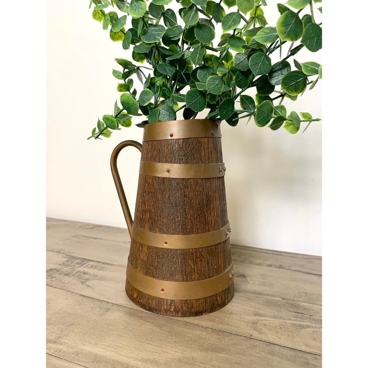 Antique Staved Wood Pitcher Copper Bands Handle Rustic Jug Vase Farmhouse