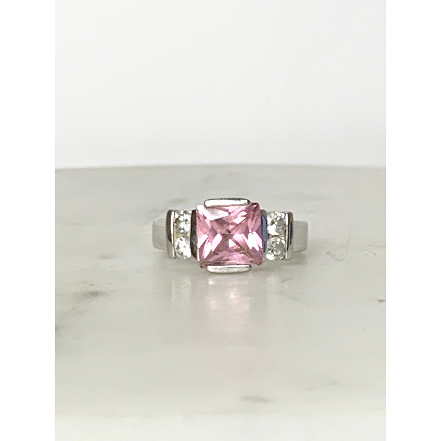 Vintage Sterling Silver Pink Princess Cut CZ Ring Size 8.25 Cocktail Art Deco