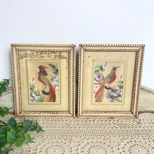 Vintage Mexican Feather Art Bird Set Framed Pair Tropical Coastal Cottagecore Wall Decor