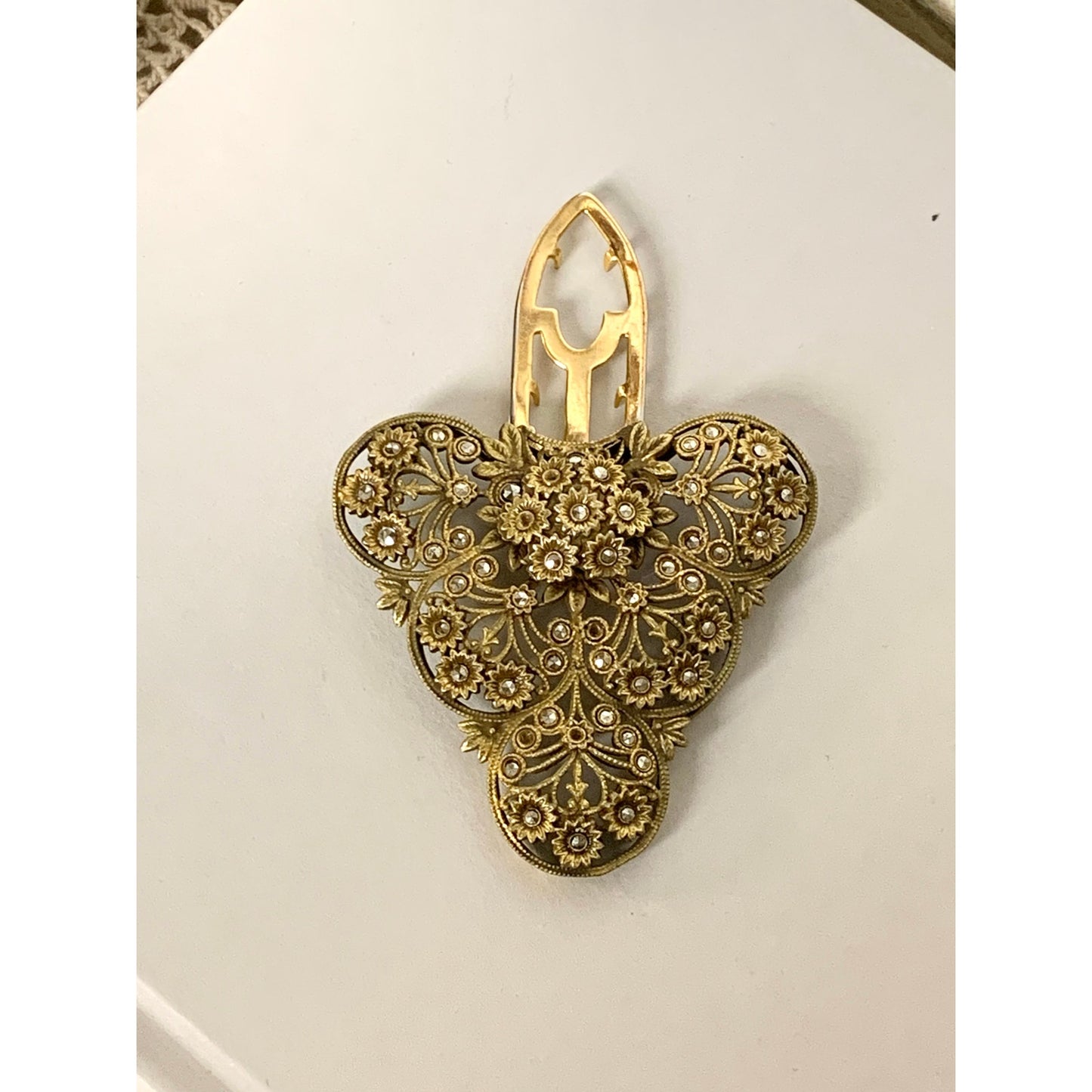 Antique 1920s Goldtone Filigree Dress Clip Marcasite Floral Art Deco Jewelry Scarf Clip