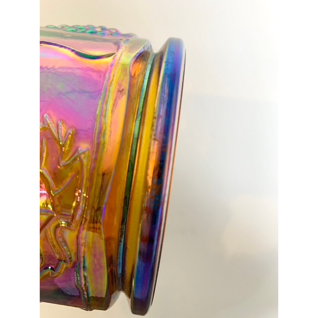 Vintage Iridescent Carnival Glass Votive Holder with Grape & Leaf Motif Marigold