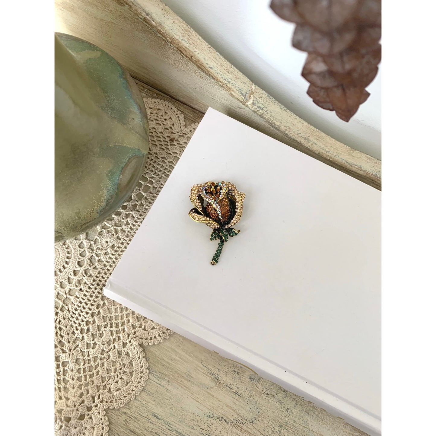 Rhinestone Rose Brooch and Pendant Gold Tone Flower Pin Statement Jewelry
