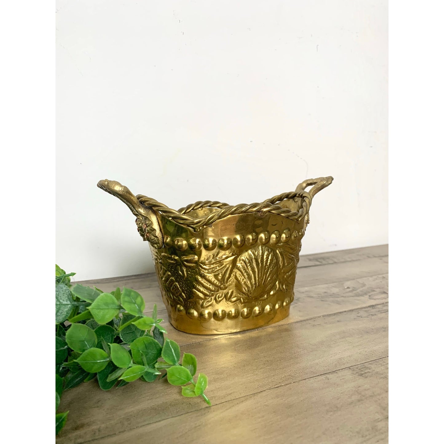 Vintage Brass Planter Basket with Handles – Made in India, Coastal Shell Cottage