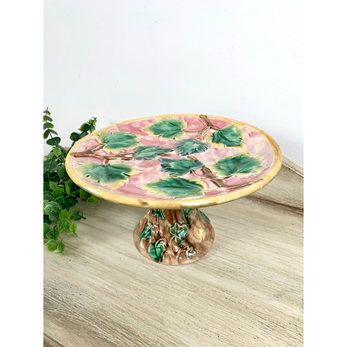 Antique Majolica Pedestal Cake Stand Maple Leaf Compote Etruscan Riser Dessert Victorian Pottery