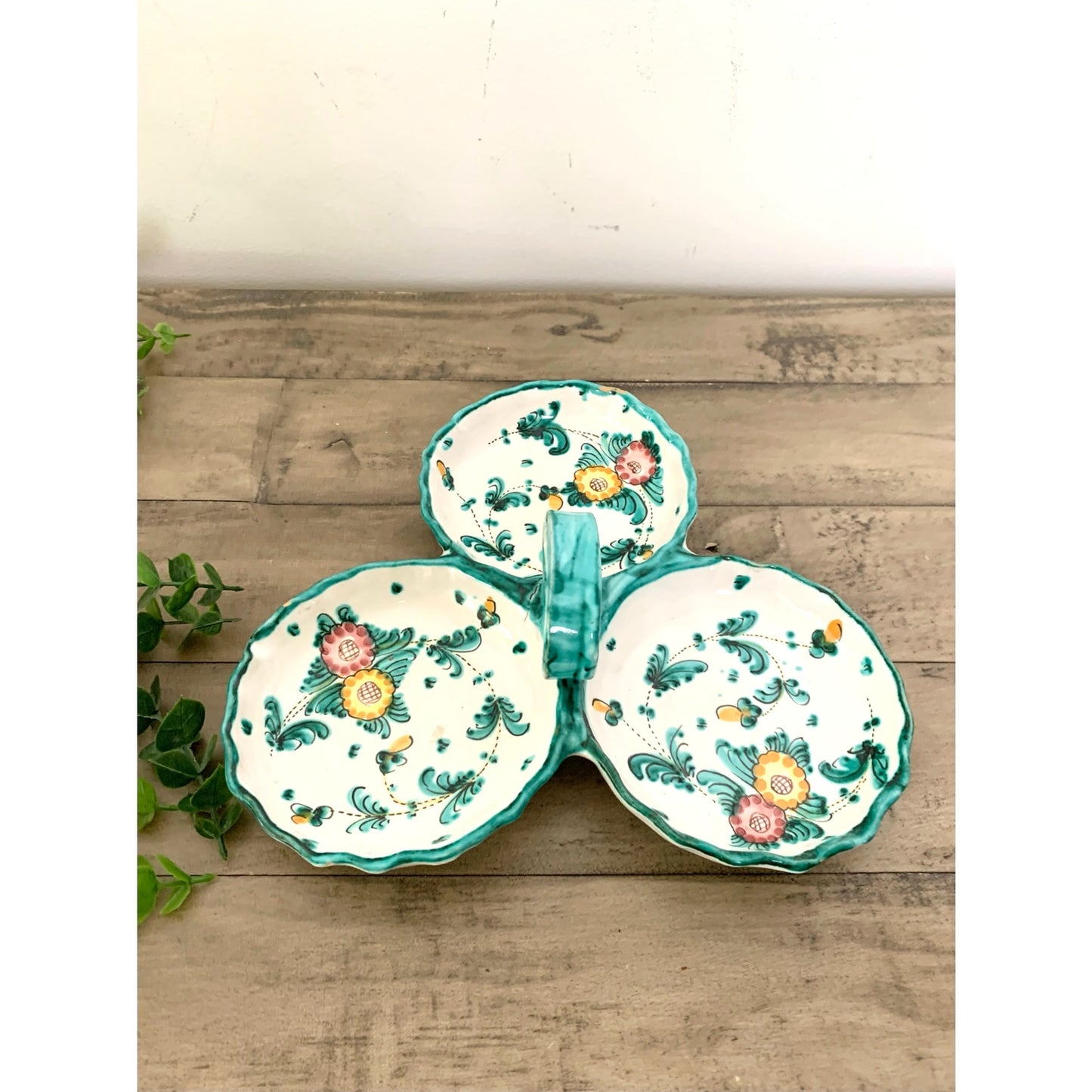 Vintage Hand Painted Italian Pottery Ceramic Serving Dish w Handle Signed Italy