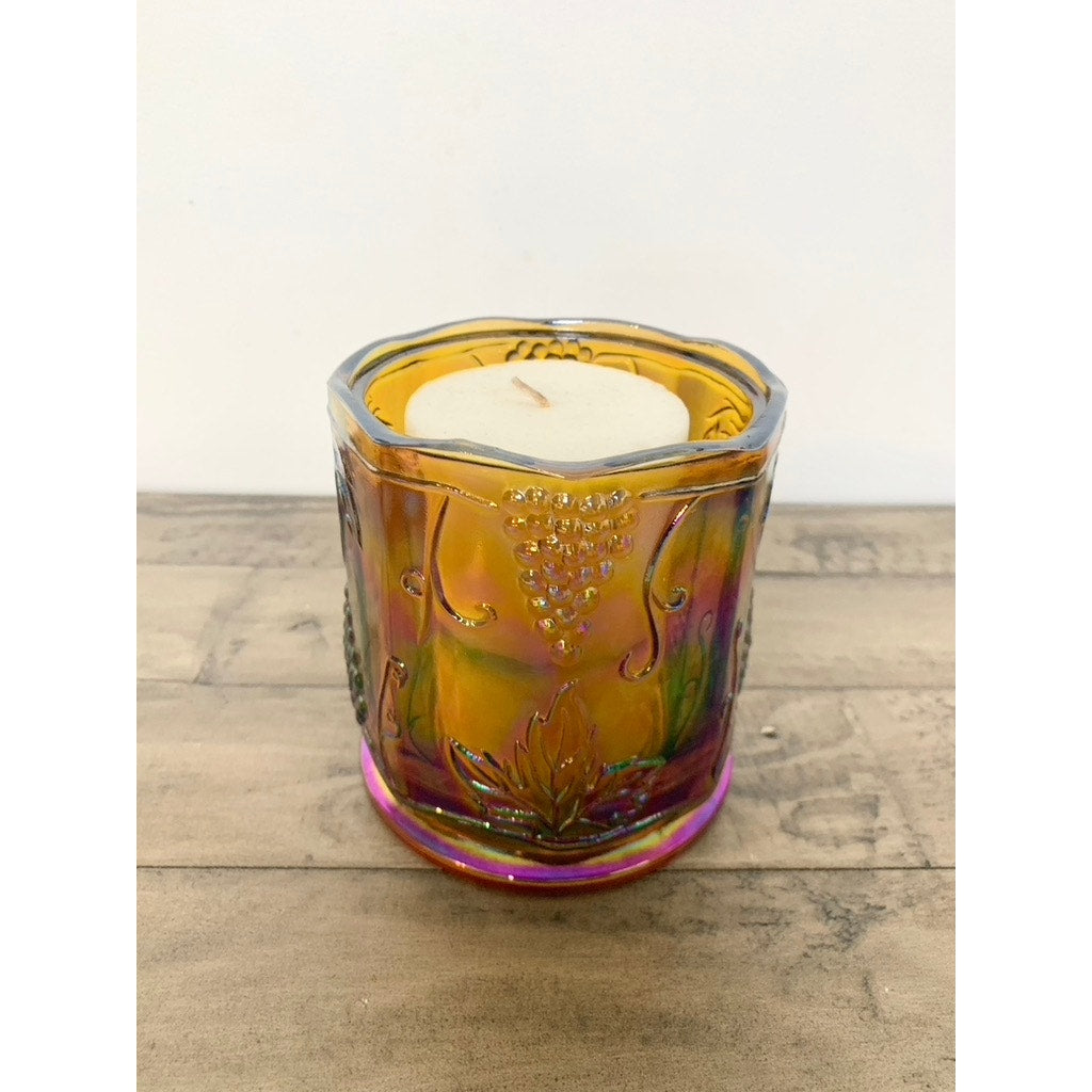 Vintage Iridescent Carnival Glass Votive Holder with Grape & Leaf Motif Marigold