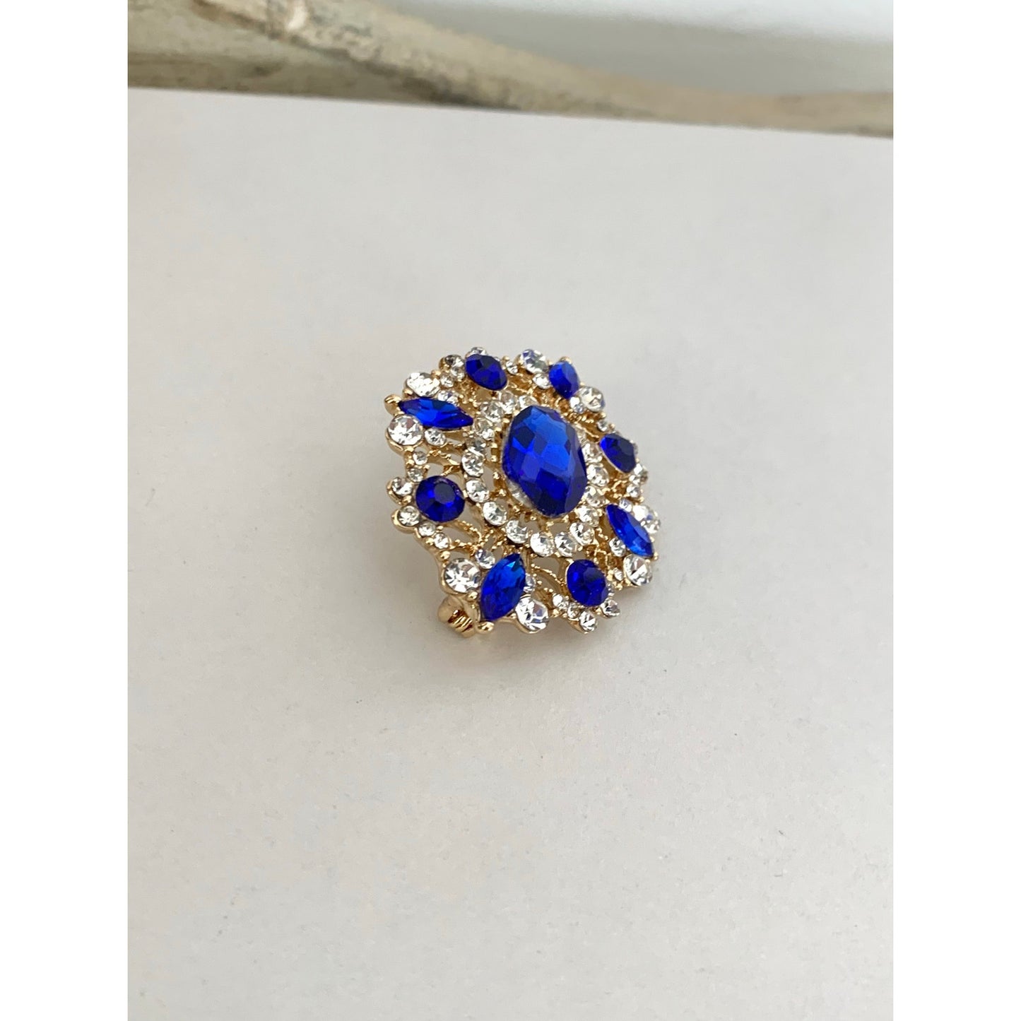Blue Glass Rhinestone Statement Brooch Goldtone Clear Accents Romantic Vintage Style