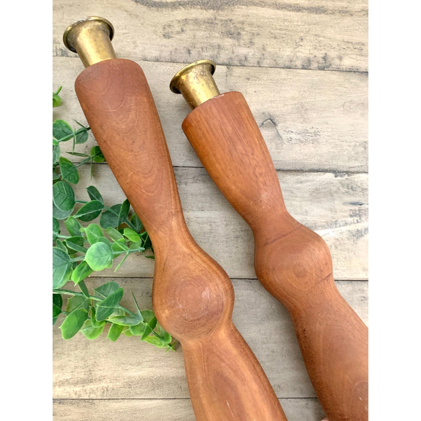 Pair of Vintage Mid Century Modern Wood Candlesticks with Brass Holders Cottage