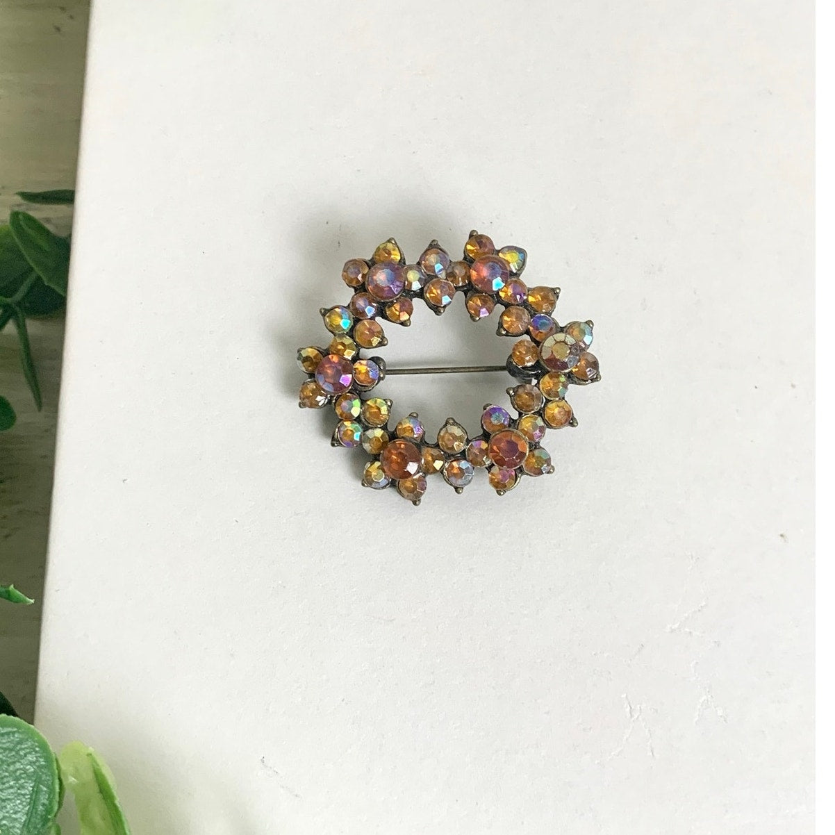 Vintage Aurora Borealis Rhinestone Wreath Brooch Statement Pin Mid Century Glam