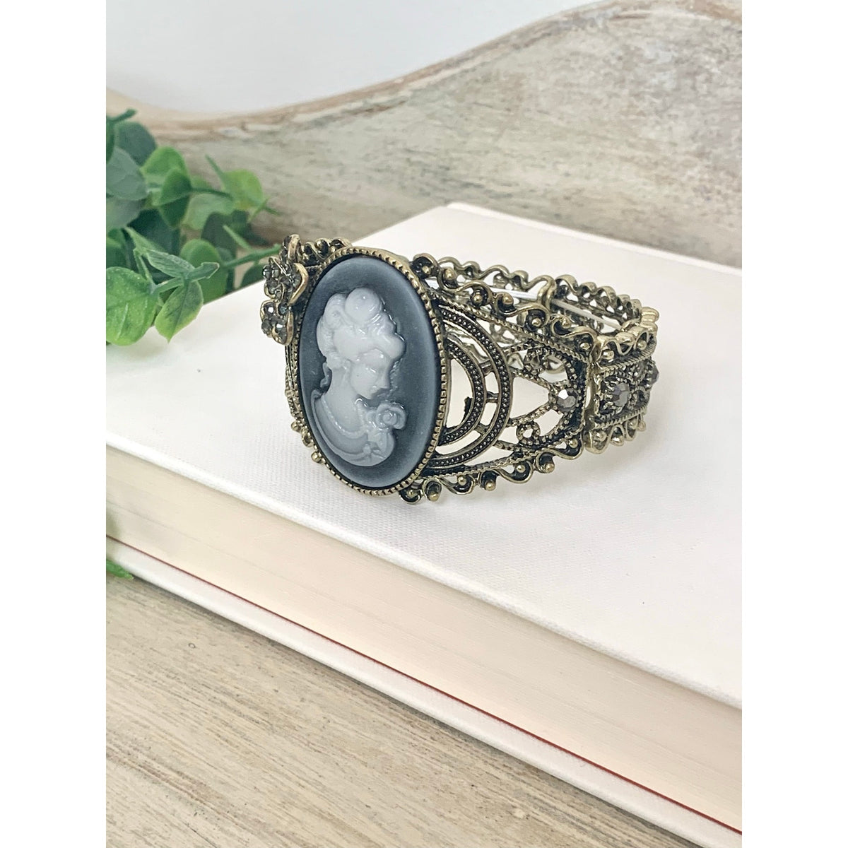Cameo Stretch Bracelet Rhinestone Floral Victorian Revival Style Statement Jewelry