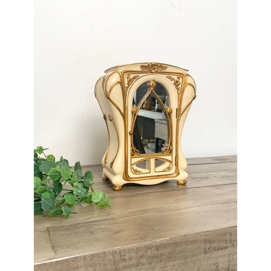 Vintage Art Nouveau Style Jewelry Cabinet with Mirrored Door Red Felt Interior Gold Romantic Feminine