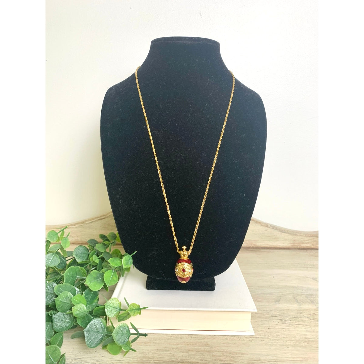 Vintage Joan Rivers Red Enamel Egg Pendant Necklace Crown Rhinestone Gold Tone