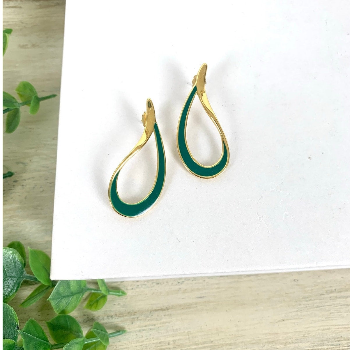 Vintage Green Enamel Goldtone Teardrop Post Back Earrings Retro Statement 80s