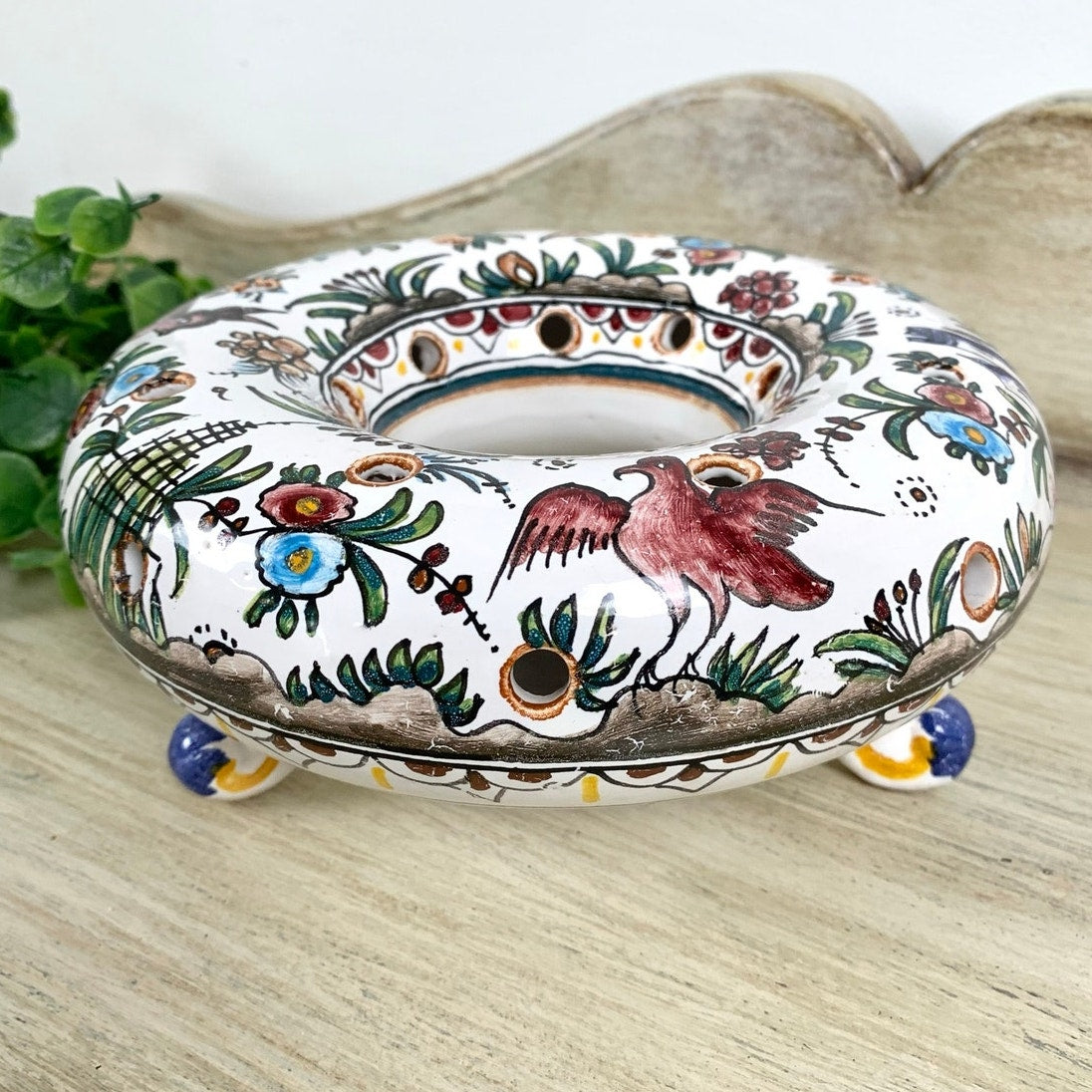 Vintage Berardos Portugal Flower Frog Vase Hand Painted Ceramic Cottage Pottery