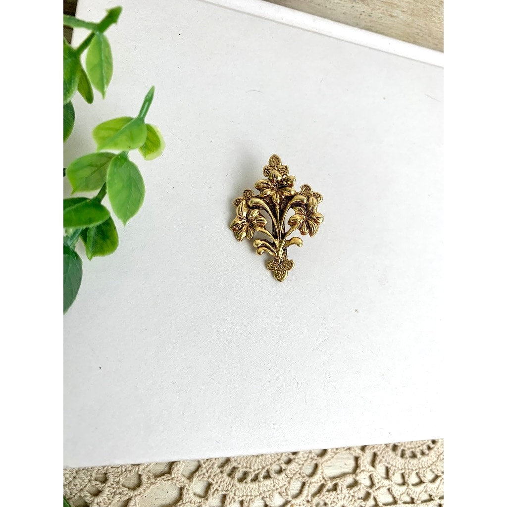 Vintage Gold Tone Floral Cross Brooch Pin Signed Religious Ornate Romantic Jewelry