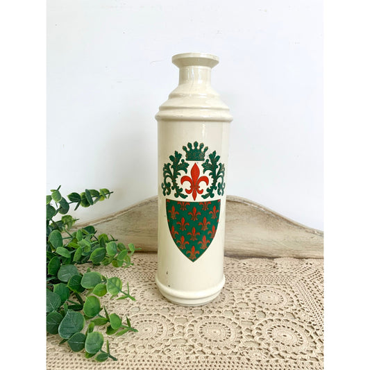 Vintage Old Fitzgerald Fleur de Lis Bottle Glass Jar Vase Crest Motif Decanter Bar Decor