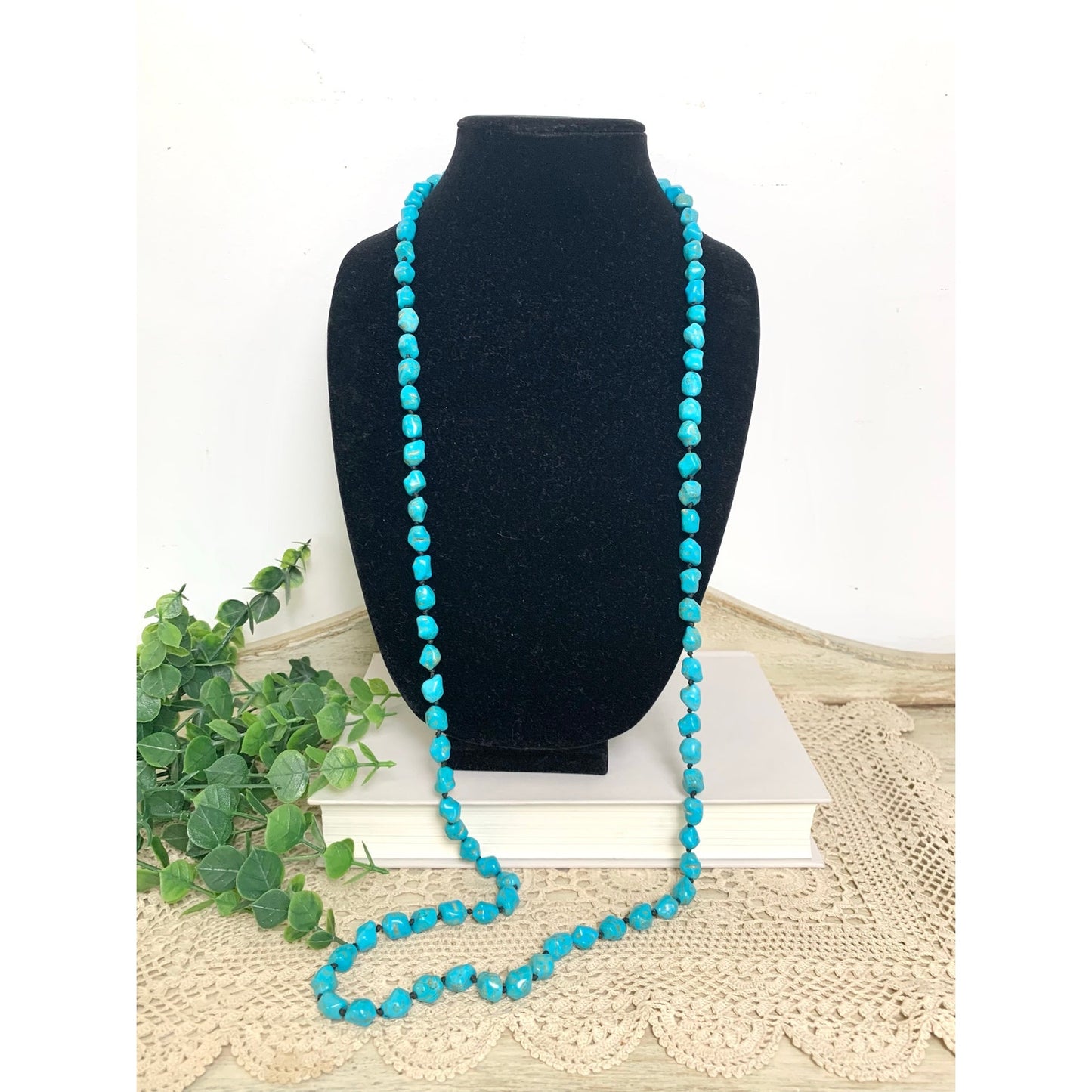 Blue Turquoise Nugget Beaded Necklace Long Vintage Southwestern Boho Jewelry 46"
