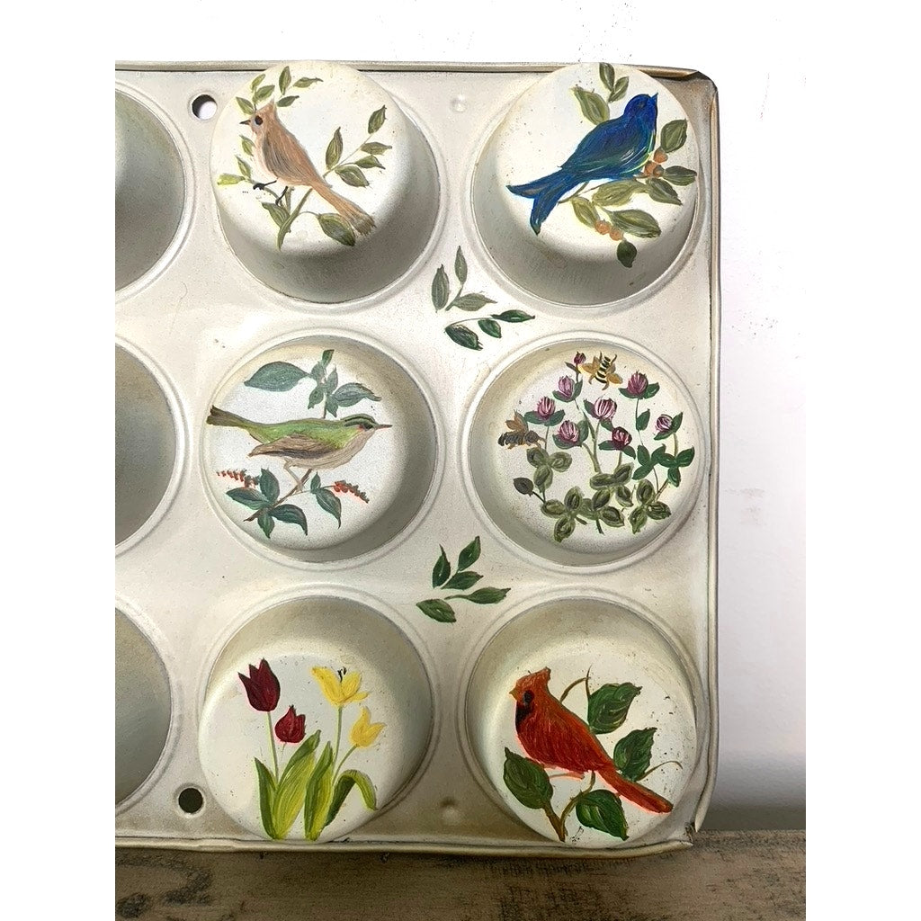 Vintage Hand Painted Cupcake Tin Wall Art, Signed 1977, Botanical and Bird Scenes