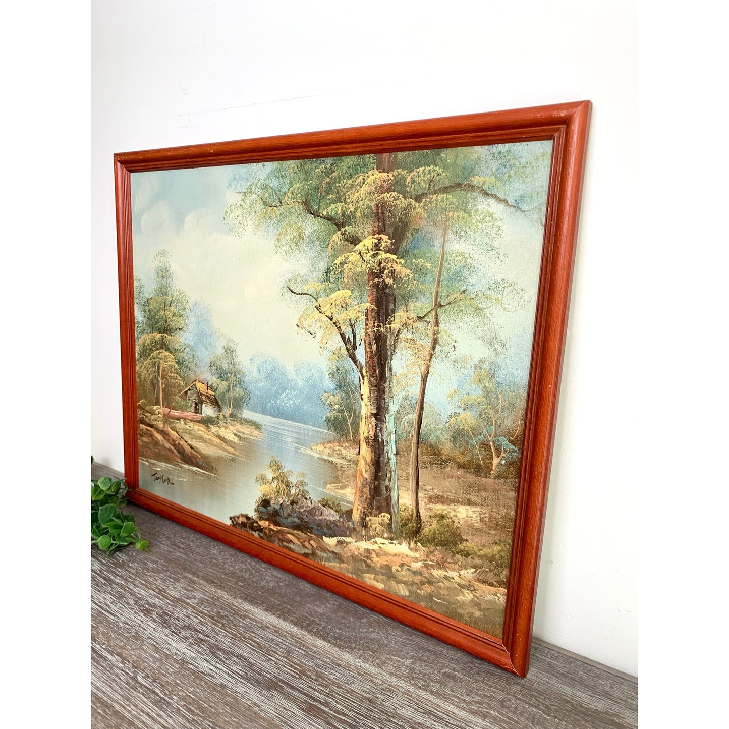 Vintage Riverside Landscape Oil Painting by Taylor Signed Framed Nature Scene