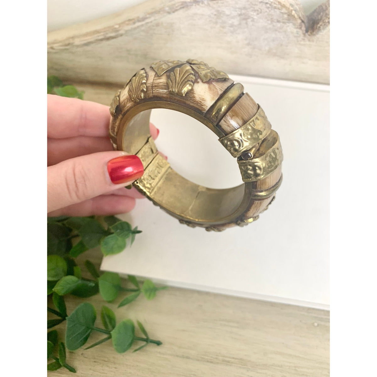 Vintage Camel Bone Bangle Bracelet Brass Overlay Hinged Statement Jewelry