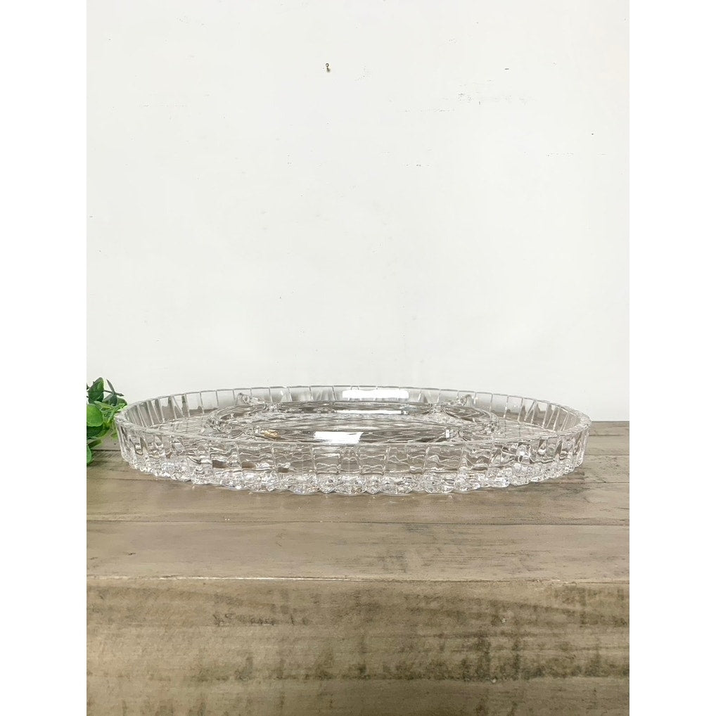 Vintage Clear Glass Divided Serving Platter Large 16.25” Oval Sectional Tray Thick Appetizers Relishes Charcuterie