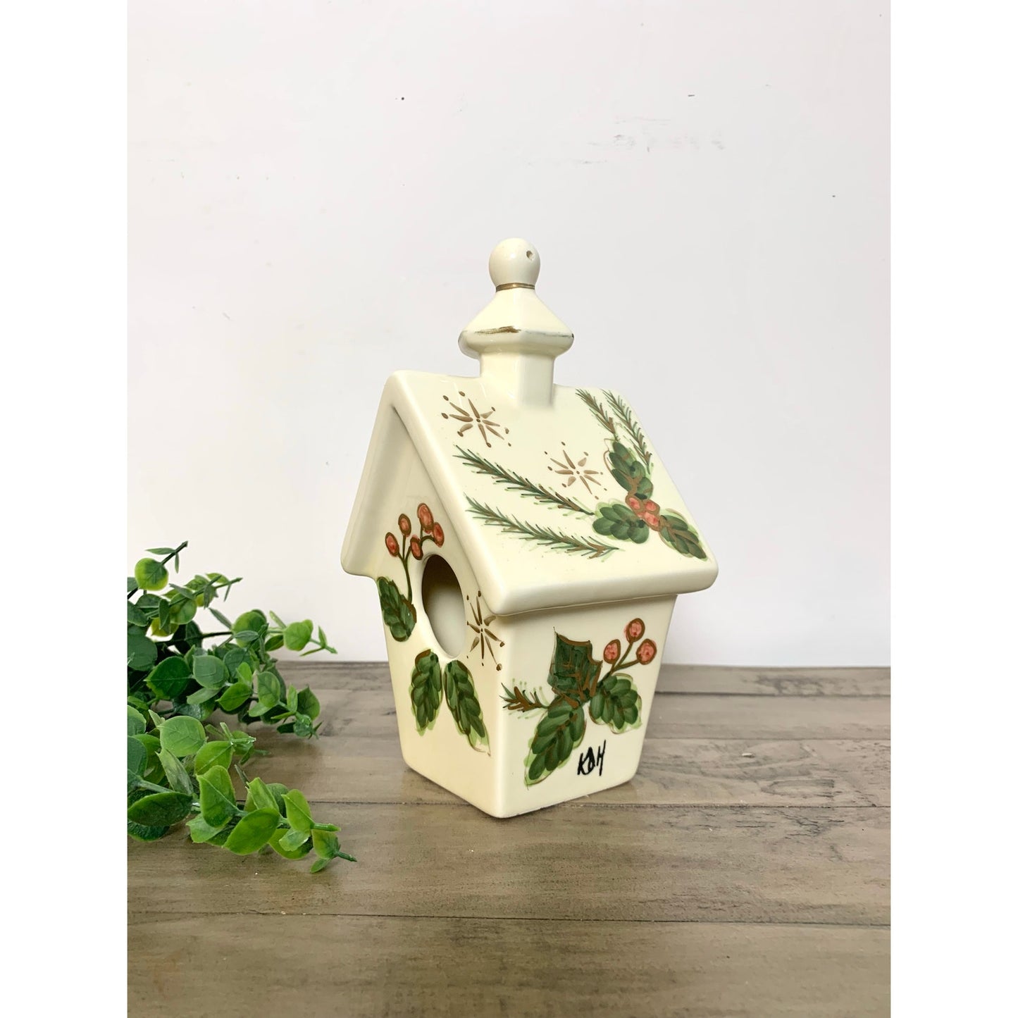 Vintage Ceramic Christmas Birdhouse with Hand Painted Holly and Berry Design Holiday Cottage