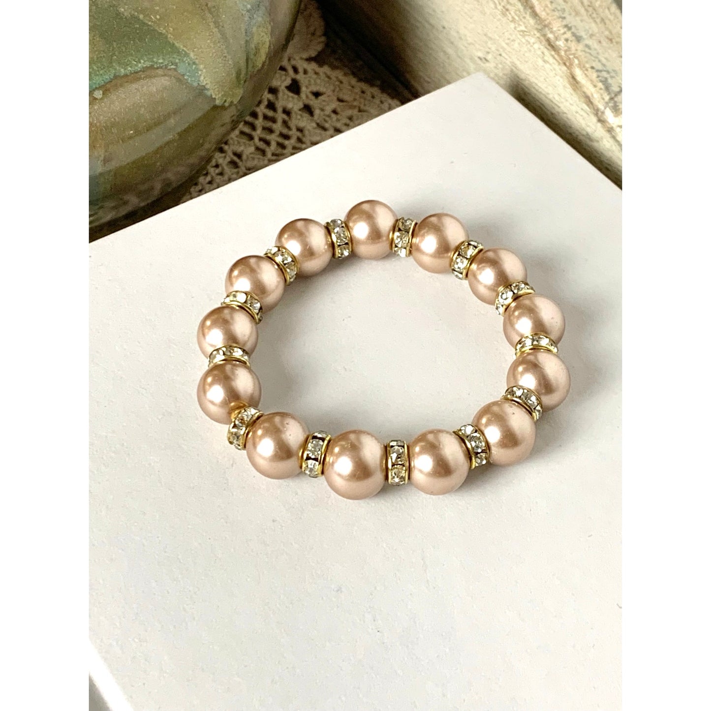 Blush Faux Pearl Stretch Beaded Bracelet Rhinestone Spacer Elegant Feminine