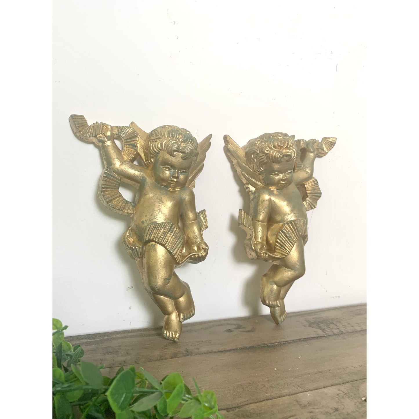 Vintage 1970 Burwood Co Cherub Angel Wall Plaques – Gold & Verdi Accents
