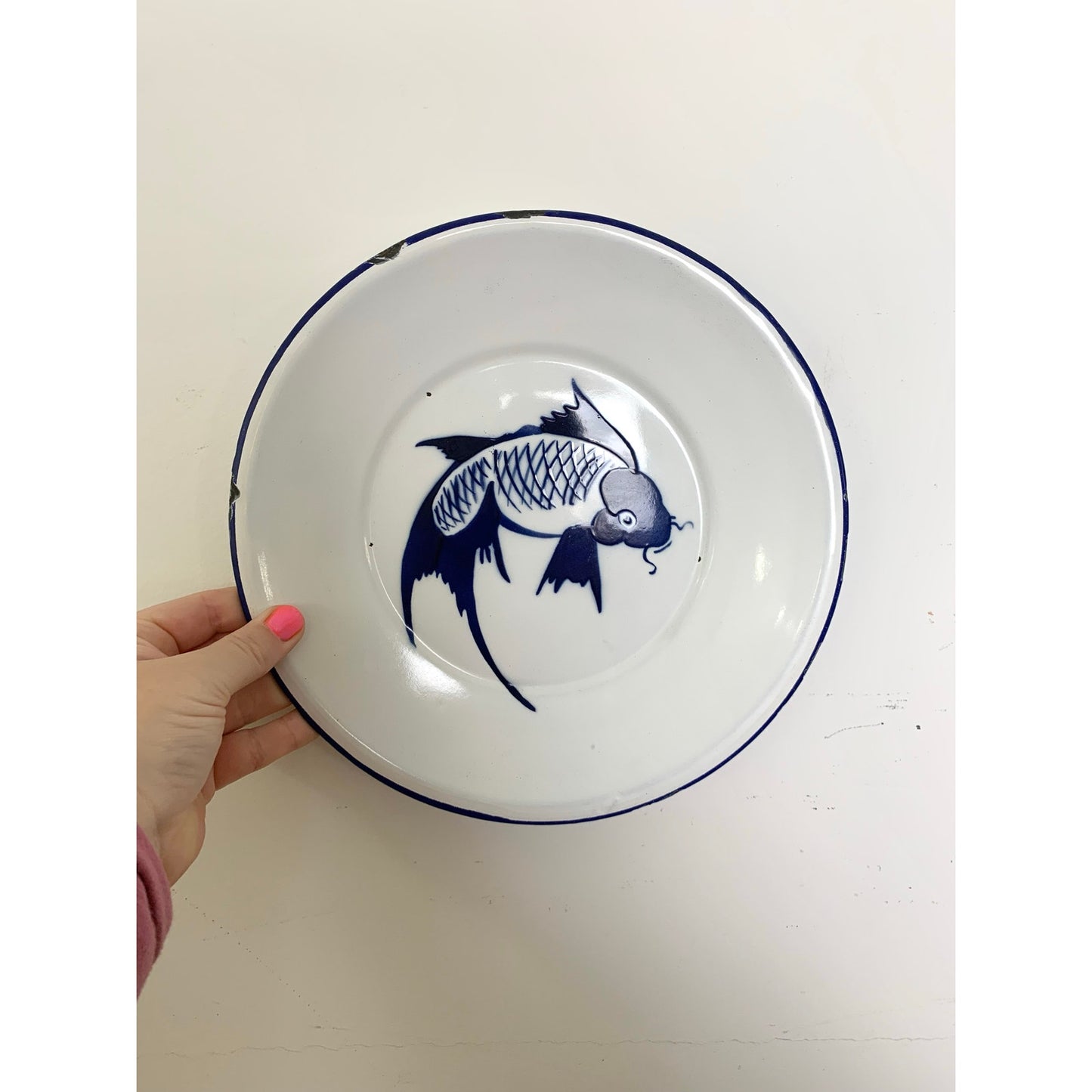 Vintage Butterfly Brand Enamelware Plate Blue Koi Fish Farmhouse Chinoiserie