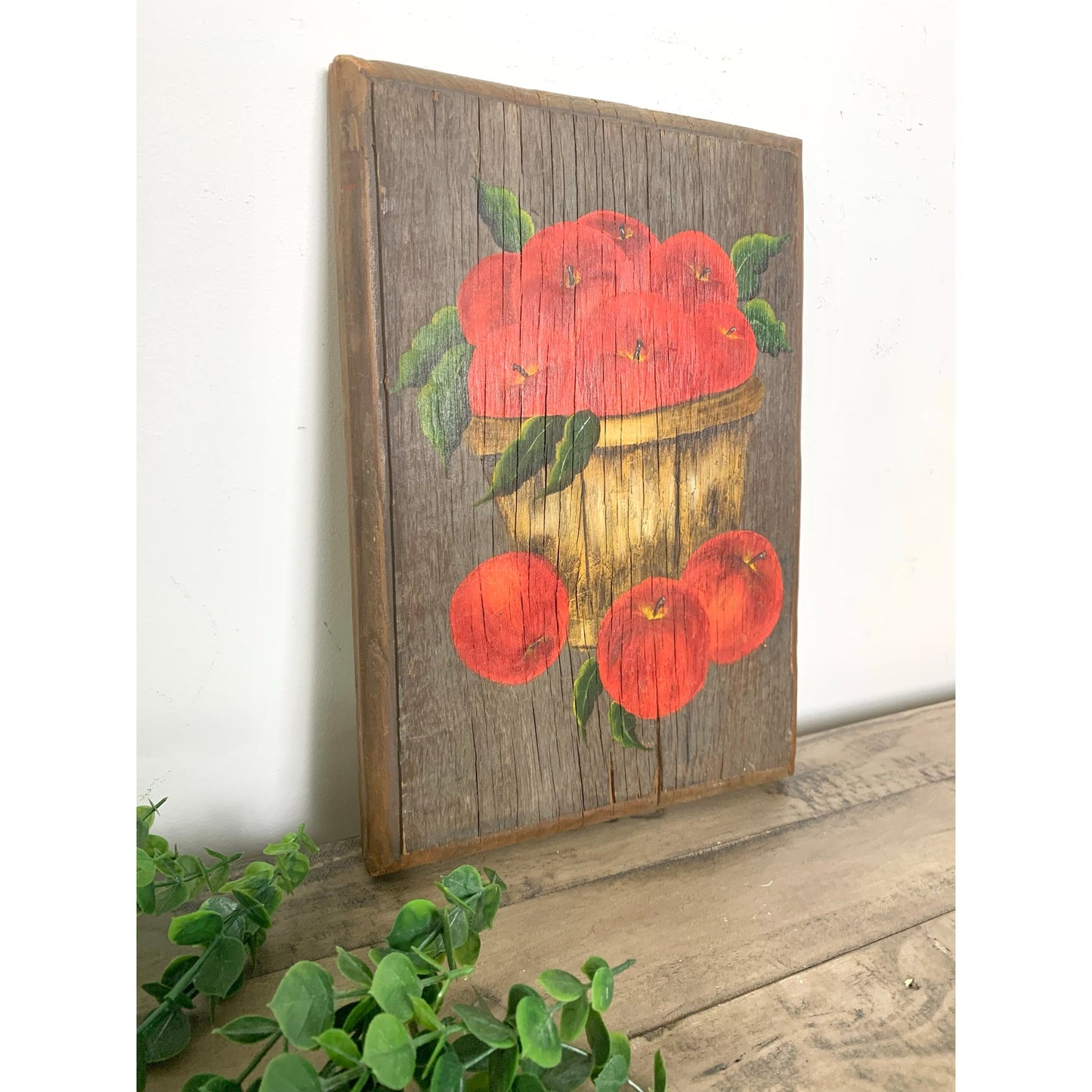 Vintage 1971 Hand-Painted Wooden Painting Apples in Basket Rustic Farmhouse Art