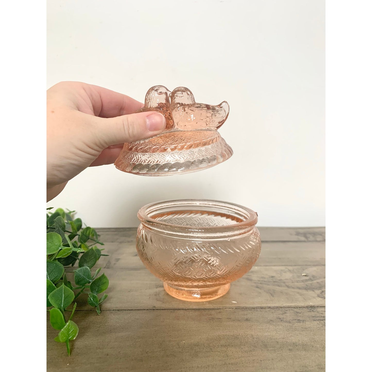 Vintage Pink Depression Glass Lovebirds Covered Candy Dish Romantic Glass Vanity Jar Trinket Box