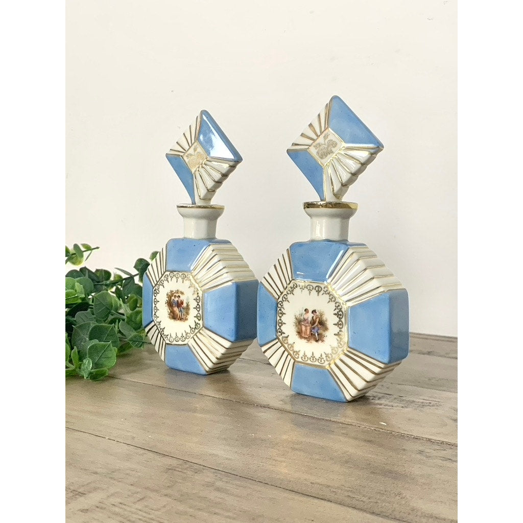 Antique Bavaria Porcelain Perfume Bottles Set of 2 Blue Gold Courting Scene Vintage Vanity Edwardian Art Deco Regency