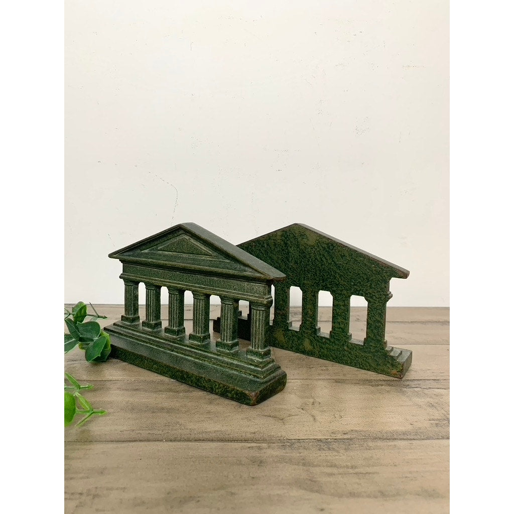 Vintage Cast Iron Greek Roman Bookends Green Greek Parthenon Columns Old Money