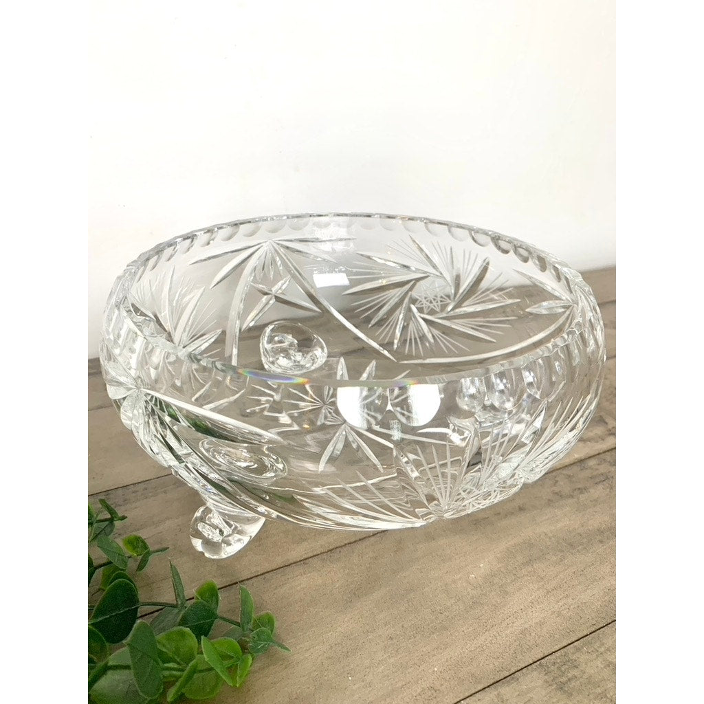 Vintage Cut Crystal Footed Bowl Starburst Centerpiece Vase Fruit Bowl on Three Feet Elegant Serving