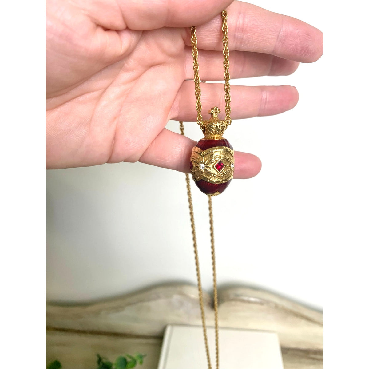 Vintage Joan Rivers Red Enamel Egg Pendant Necklace Crown Rhinestone Gold Tone