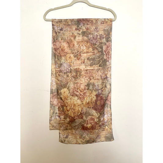 Vintage Accessory Street Italy Floral Scarf Gold Thread Sheer Romantic Shawl Boho Cottagecore