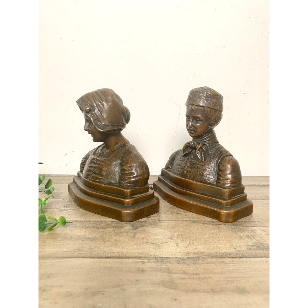 Antique Bronze Patina Dutch Couple Bookends – Folk Art Bust Pair