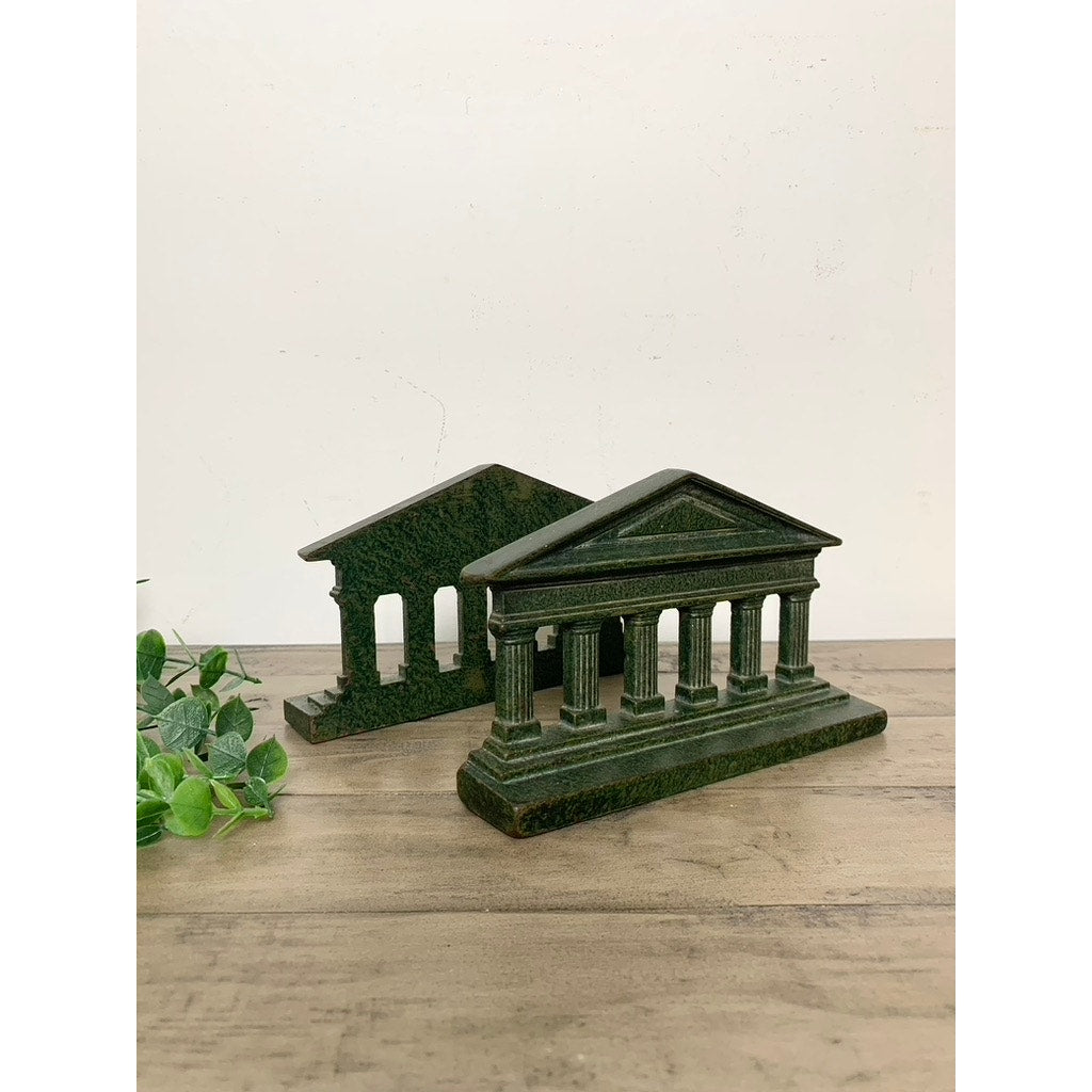 Vintage Cast Iron Greek Roman Bookends Green Greek Parthenon Columns Old Money