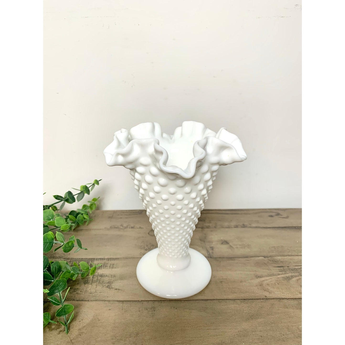 Vintage Fenton Hobnail Milk Glass Vase with Fluted Rim – White Pedestal Vase