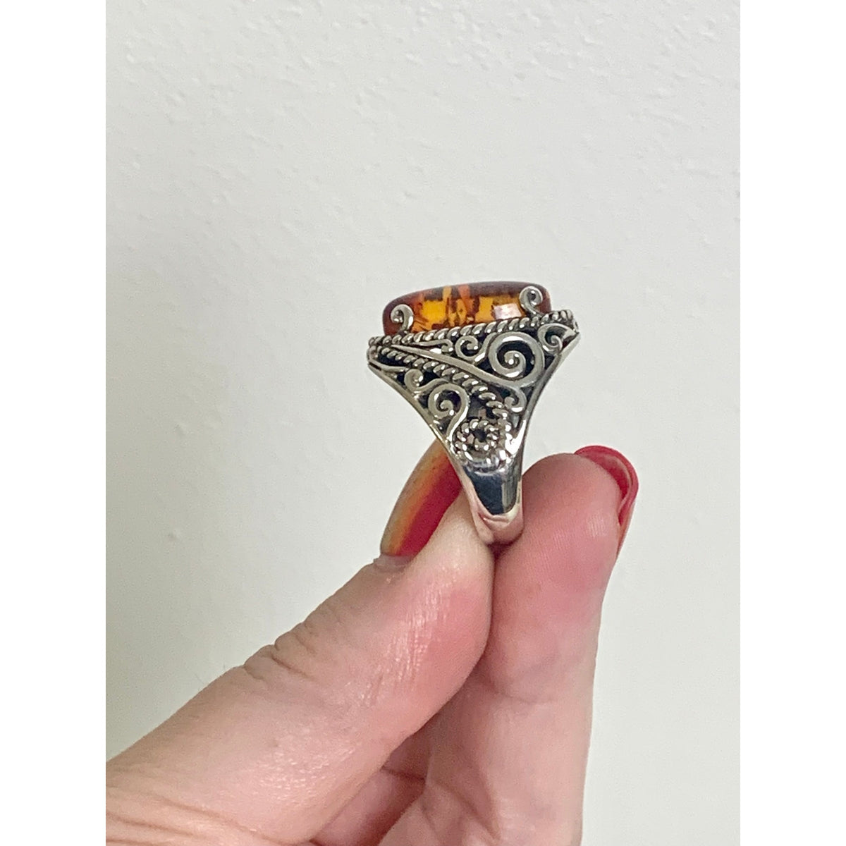 Vintage Sterling Silver Amber Ring Ornate Filigree Statement Jewelry 925 Boho Southwestern