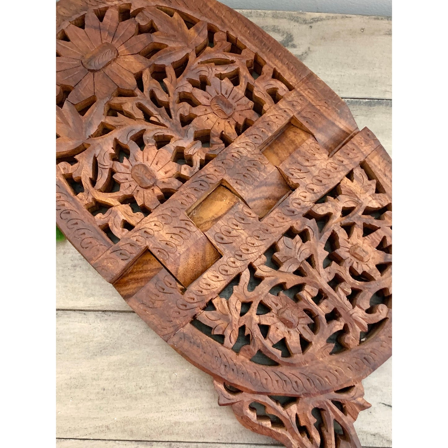 Vintage Hand Carved Wooden Book Stand Folding Ornate Cookbook Holder Mid Century