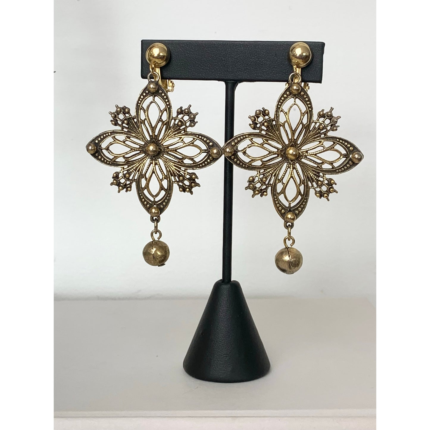 Vintage Gold Tone Clip On Earrings Ornate Filigree Floral Dangle Earrings Statement Jewelry